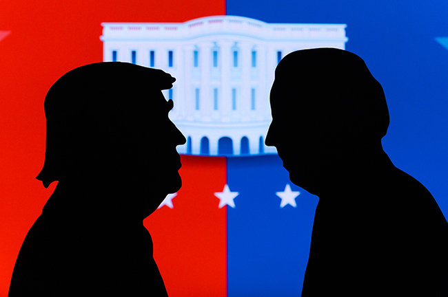 NEW YORK, USA, JUN 17, 2020: Silhouette of republican candidate Donald Trump and democratic candidate Joe Biden. 2020 United States presidential election. US vote, Concept photo for November 3, 2020