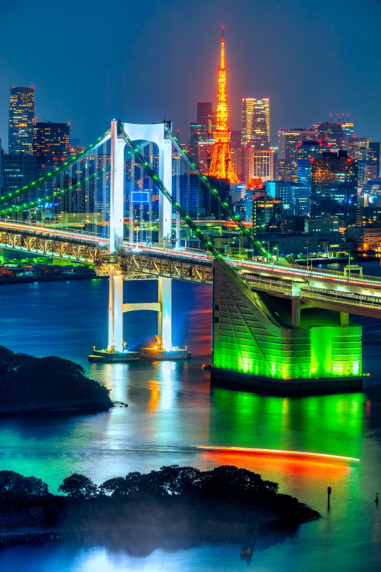 Tokyo skyline with Tokyo tower and rainbow bridge. Tokyo, Japan.