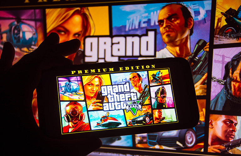 October 7, 2021, Brazil. In this photo illustration the Grand Theft Auto (GTA) logo seen displayed on a smartphone