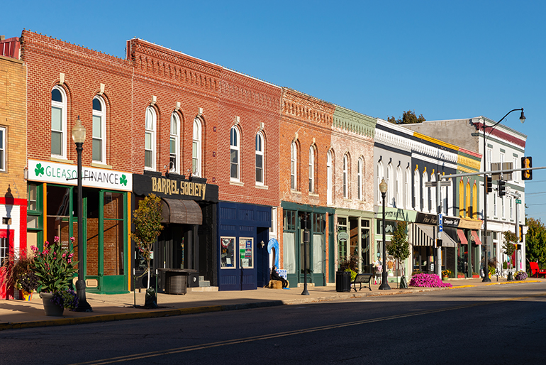 Princeton, Illinois - United States - October 3rd, 2022: Colorful old brick buildings and storefronts in downtown Princeton, Illinois.