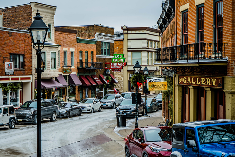 Downtown of Galena Illinois , with Christmas decorations 1.1.2019