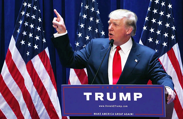 Washington, DC / USA - June 16 2015: Donald Trump's Presidential Announcement Speech, speaking and pointing and gesturing with his finger.